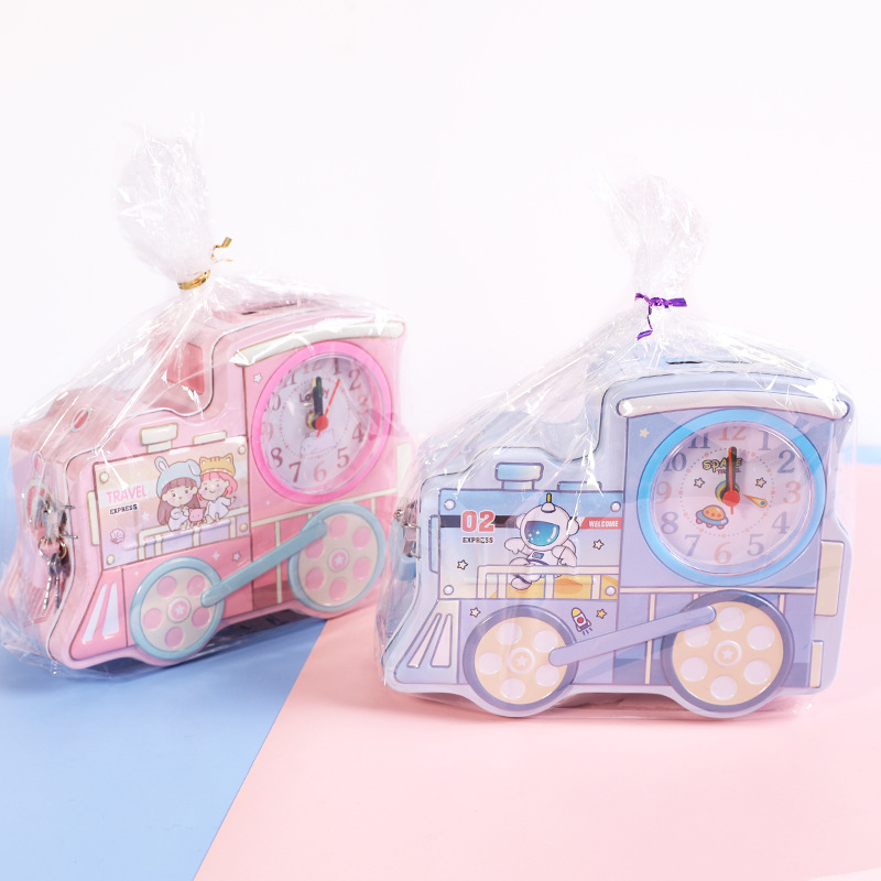 S-91 Cartoon train piggy Bank with lock, multi-functional desktop decoration, time display piggy bank, Little Pig Kuromi style hot search pic 20