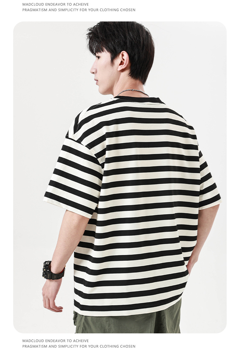 古川男装|2024夏季新款提花条纹短袖男宽松圆领套图百搭学生半袖详情10