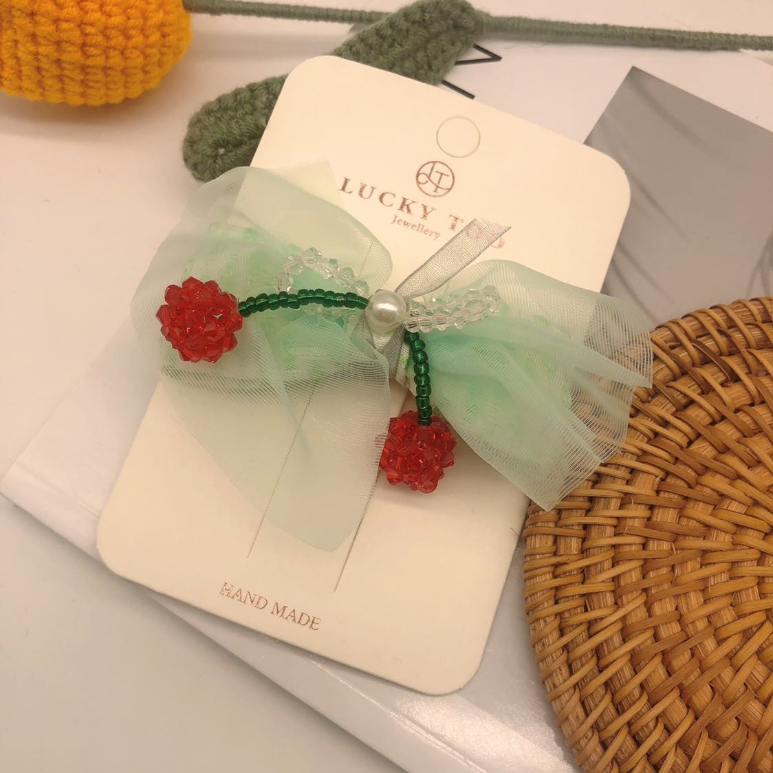 发夹LT10532韩版新款串珠珍珠樱桃布艺莎莎领结发饰发夹详情4