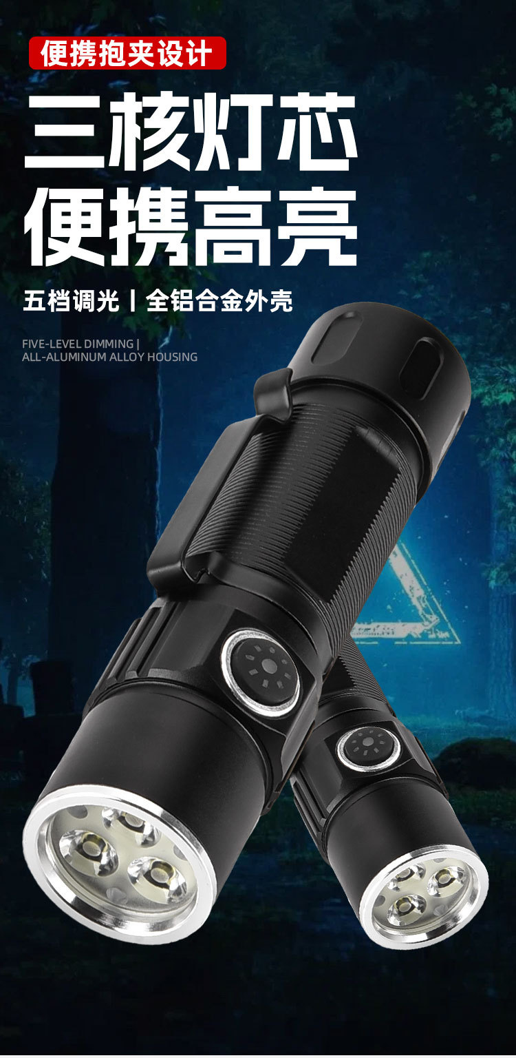 跨境输出LED强光远射USB充电三眼多功能夹帽灯超亮迷你便携小手电详情1