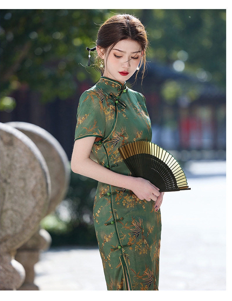 双国潮层长款优雅复古改良2025春夏绿色醋酸民国风气质修身名媛旗袍裙详情14