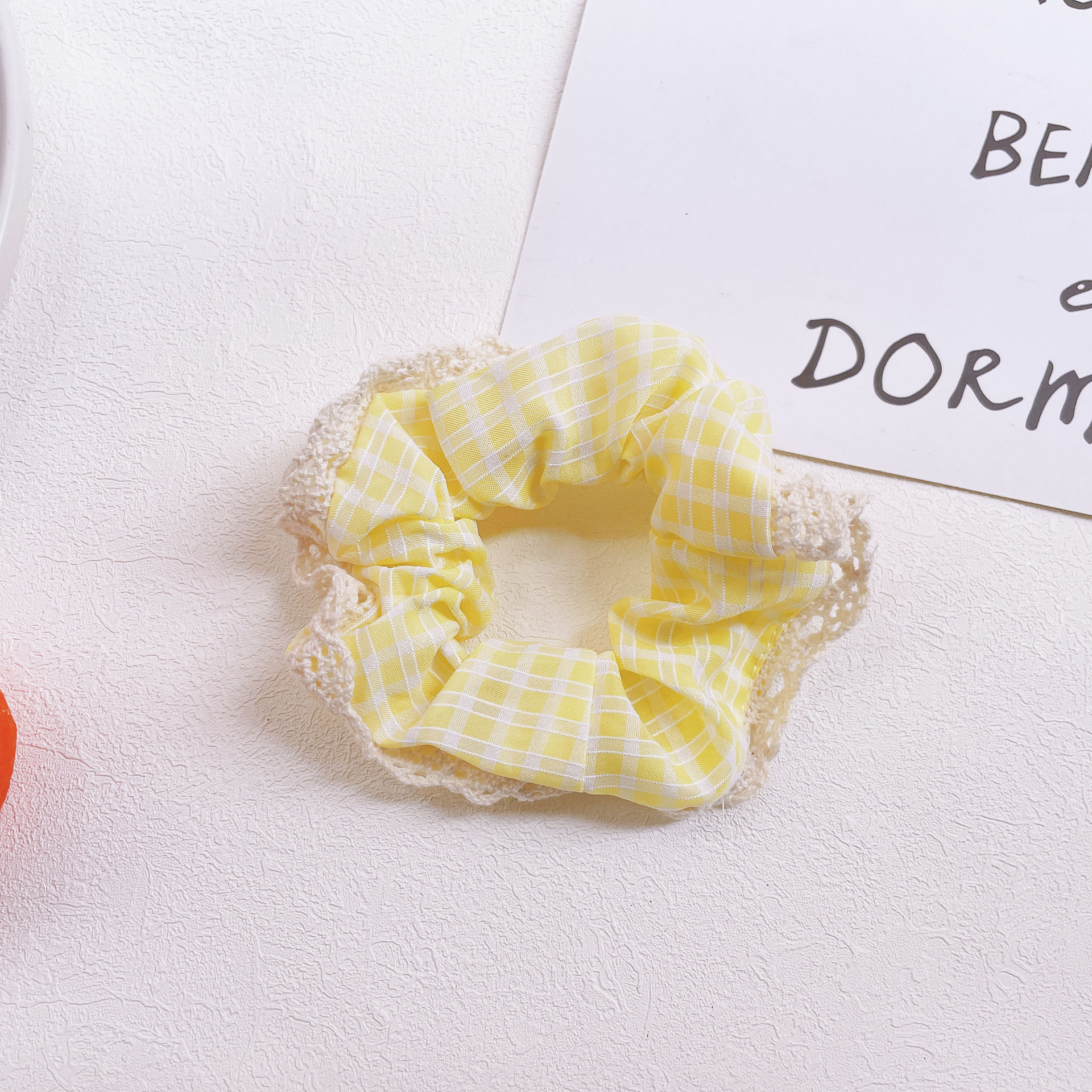 Summer fresh and cute checkered large intestine circle, Japanese girlish sweet lace edge simple bun hair tie pic 7