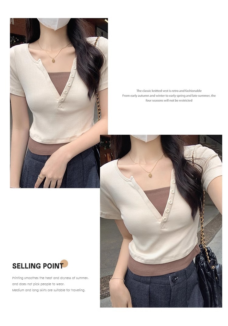 Pink V-neck off-the-shoulder T-shirt for women, short sleeve, new spring and summer style, two-piece design, slim and short, pure and sensual pic 21