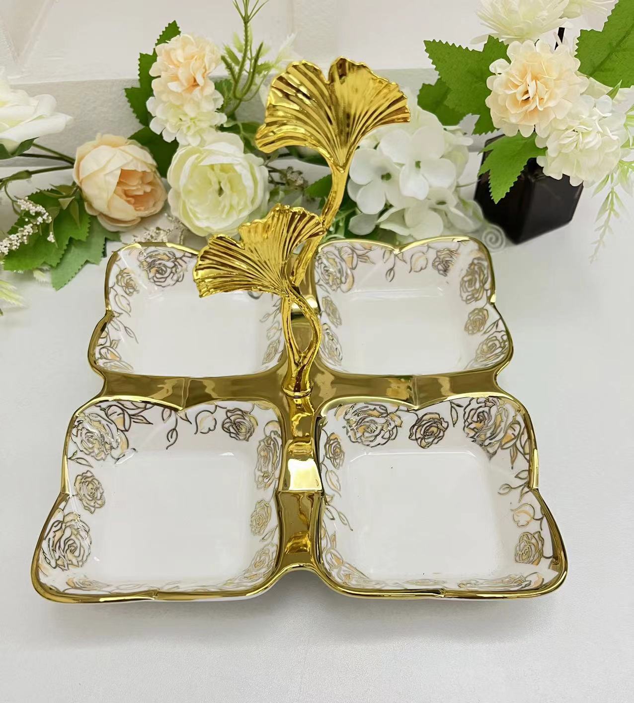 Creative ceramic multi-compartment fruit plate, pastry plate, flower tea, dried fruit snack plate, crystal, 4-compartment tableware, fruit plate, 13-piece golden castle vase pic 17