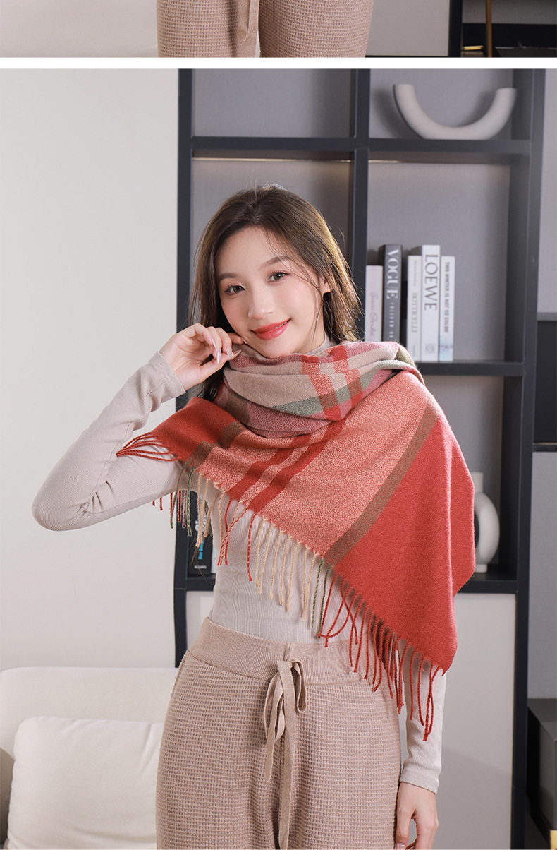2023韩版长款格子围巾女冬季新款时尚保暖加厚仿羊绒流苏披肩外贸详情17