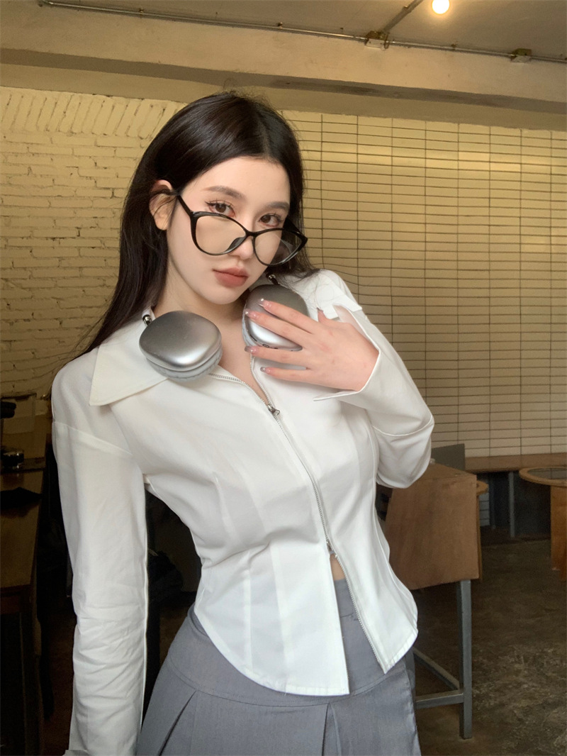 实拍2023春季新品艺术学姐白色衬衫女高级感短款修身长袖拉链衬衣详情9