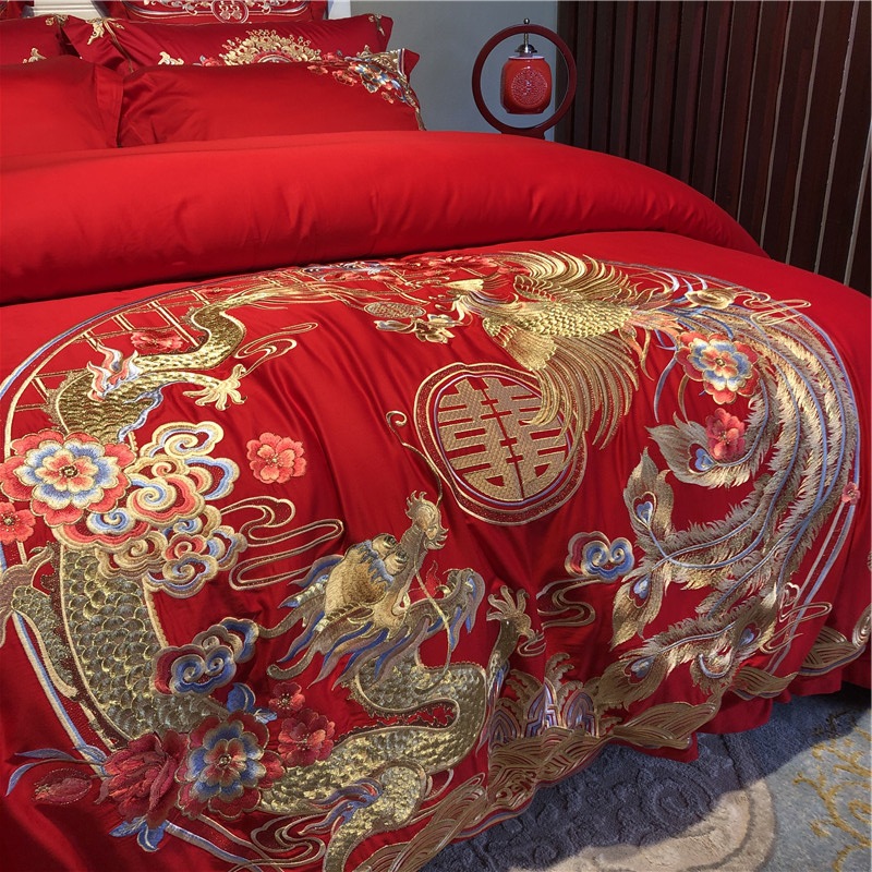 新款100s高档纯棉婚庆四件套长绒棉重工刺绣大红色床上结婚多件套详情5