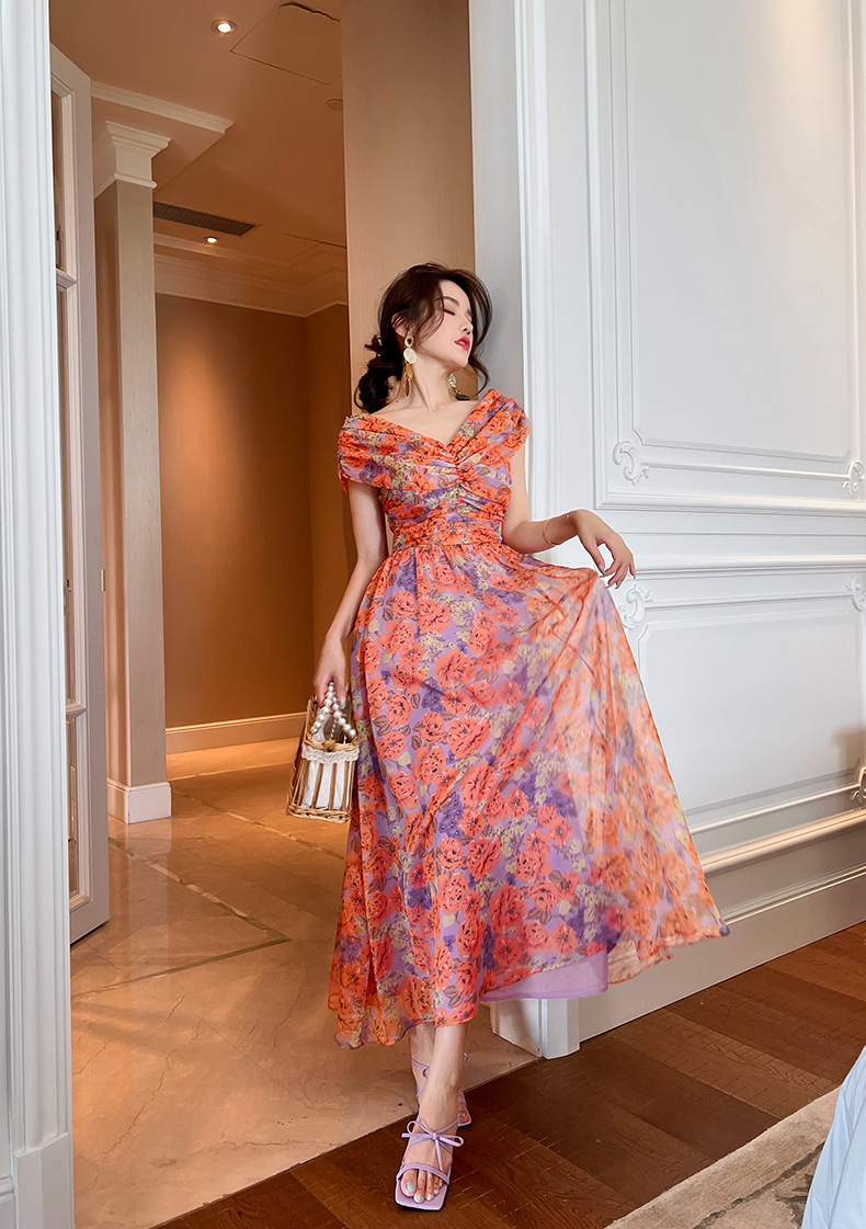 2024 Summer New French off-the-shoulder one-shoulder cinched chiffon dress, fairy-like long dress 5873 pic 13