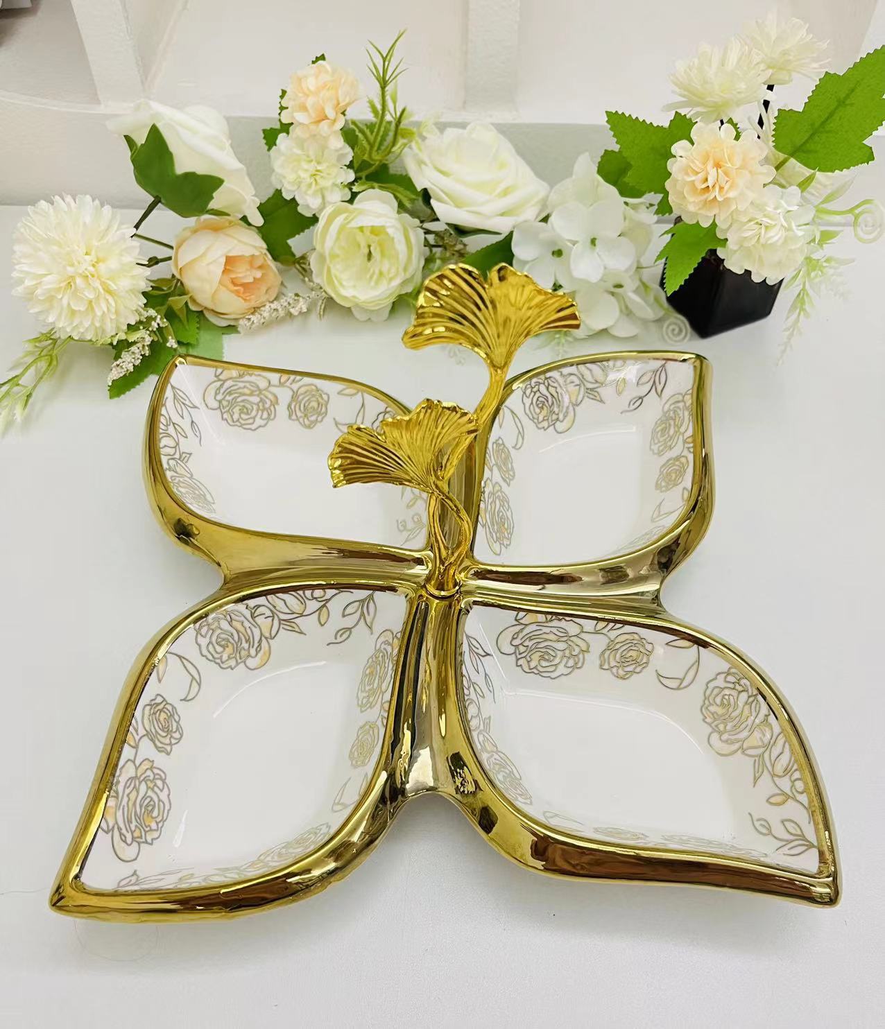 Creative ceramic multi-compartment fruit plate, pastry plate, flower tea, dried fruit snack plate, crystal, 4-compartment tableware, fruit plate, 13-piece golden castle vase pic 5