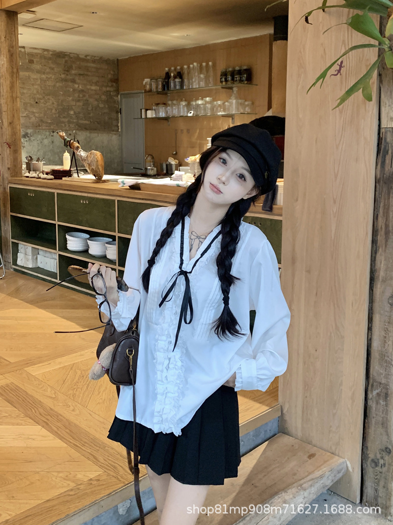 法式千金早春压褶小众气质名媛甜美系带蝴蝶结衬衫女长袖白衬衣女详情3
