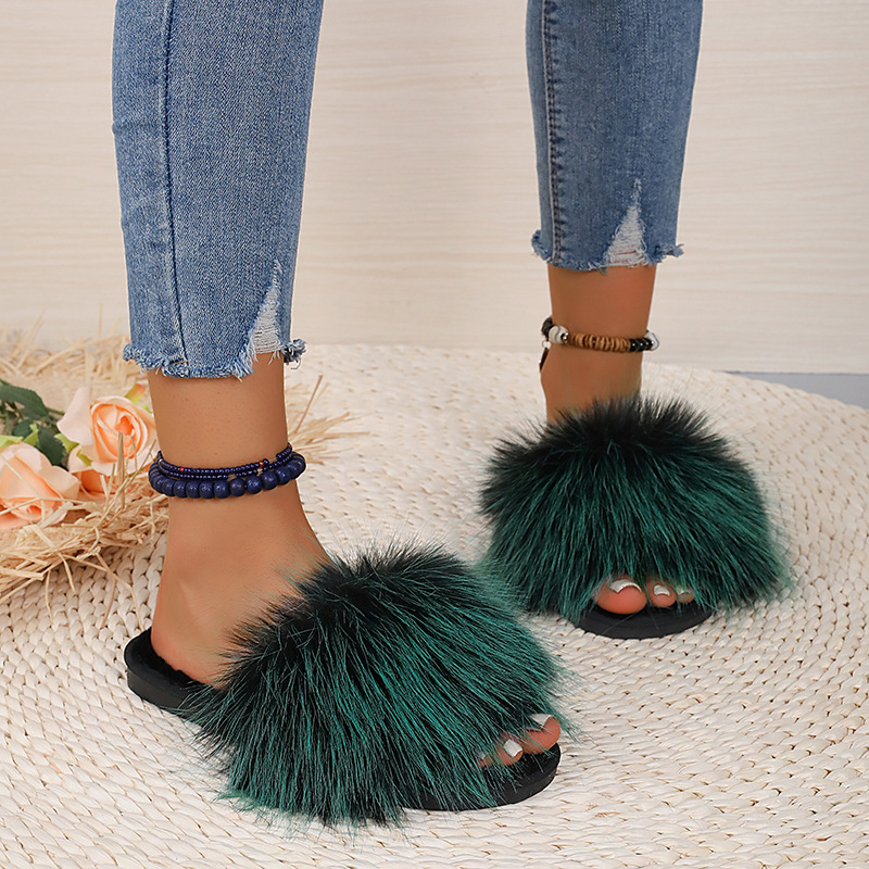 2024新款长毛绒拼色平底毛毛拖鞋女秋冬居家室内地板拖外贸一字拖详情7