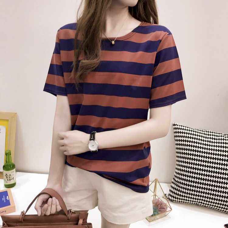 批发2022夏季新款韩版条纹短袖t恤女士宽松衣服上衣女装一件代发详情12