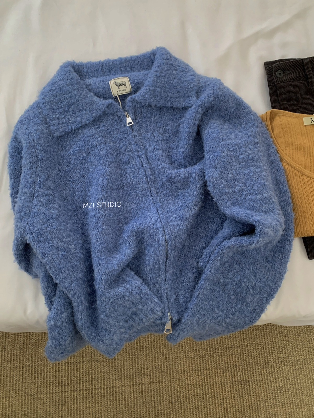 M.ZI秋冬韩系减龄羊毛混纺针织开衫慵懒风休闲宽松拉链毛衣外套女详情17