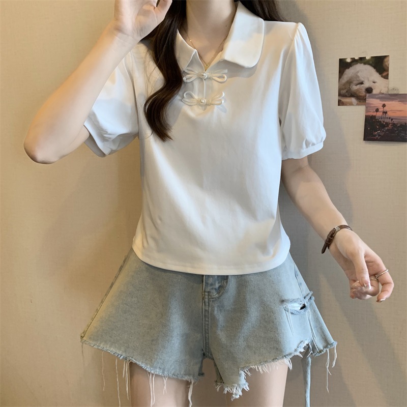 正肩Polo领短袖T恤女夏季大码胖mm显瘦新中式国风上衣泡泡袖小衫详情4