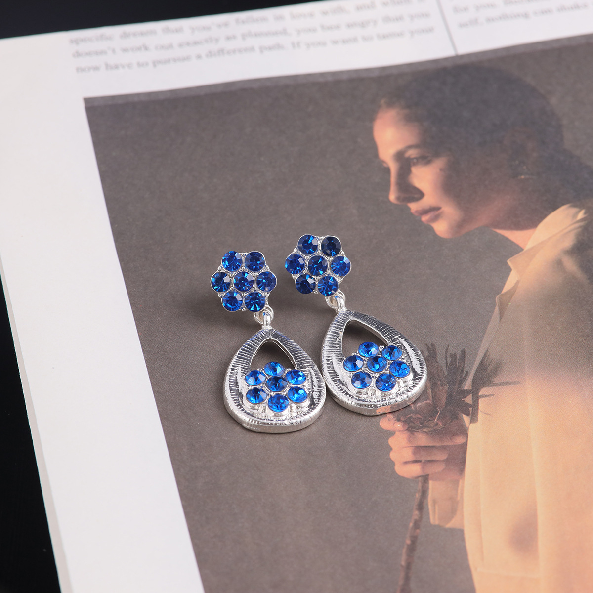 中古vintage高级感欧美风气质设计感百搭亮银镶钻蓝色花朵耳饰详情5