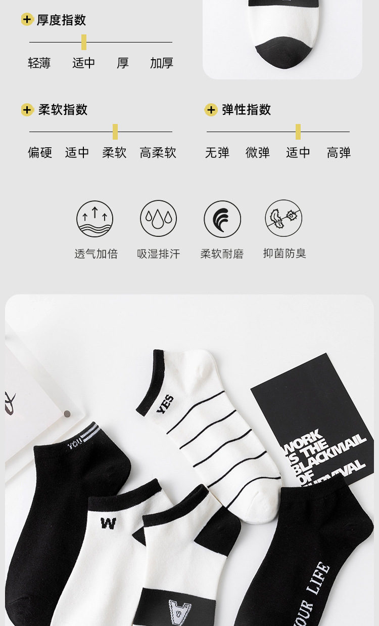 袜子男简约薄款女短袜夏季女士低帮袜黑白字母短筒男袜隐形女船袜详情4