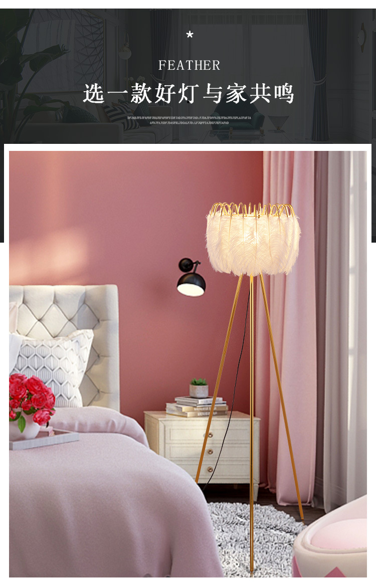 Factory direct sales, popular American-style feather floor lamps, princess bedroom ostrich feather lamps, light luxury European-style living room floor lamps pic 8