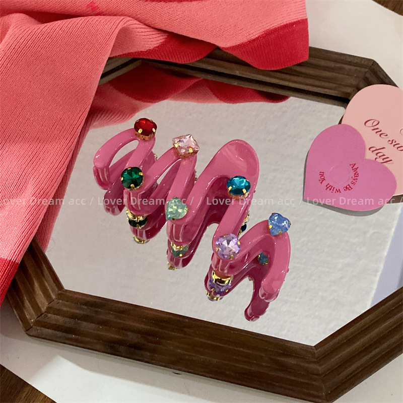 韩国新款复古彩色水钻粉色鲨鱼夹发夹 中古风抓夹网红时尚发饰女详情13