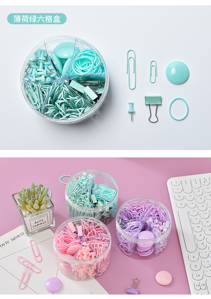 Macaron-colored paper clip and rubber band office set, 6-compartment bucket, drawing pin, long tail clip, multi-specification storage set pic 15
