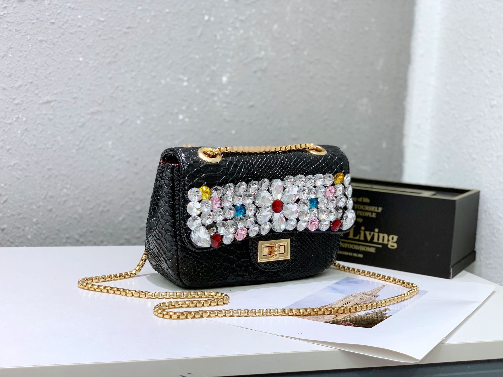 Chanel snake-patterned diamond bag, single-shoulder crossbody bag, crystal gemstone hot mom bag, flower sequined chain bag, water diamond bag pic 22