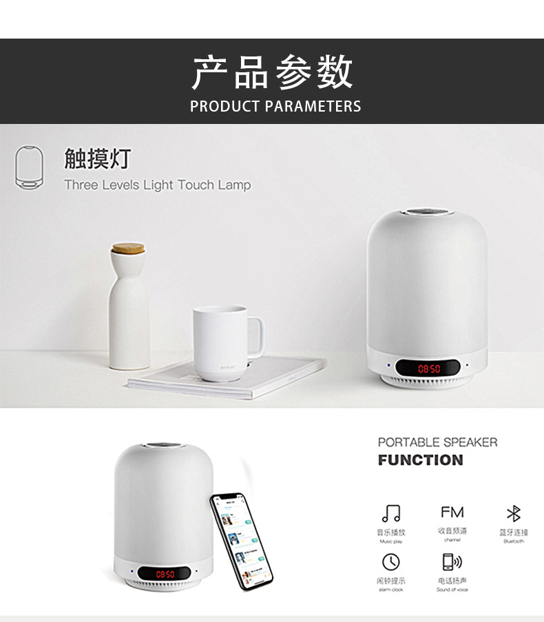 Touch Seven-color smart Bluetooth speaker, night light, alarm clock, TF card insert speaker, bedside lamp, Amazon cross-border factory pic 6