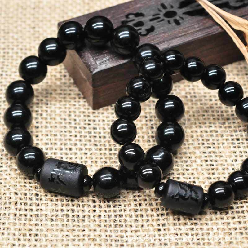 Wholesale imitation crystal obsidian single-loop bracelets, frosted dragon and phoenix bucket beads, couple bracelets for men and women, and Buddhist prayer beads pic 2