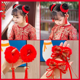 新年款红色古风流苏发夹儿童汉服发卡头饰女童复古蝴蝶结发夹发饰详情13