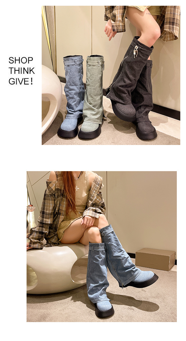 厚底套筒牛仔靴长筒靴女士松糕底骑士靴小个子高靴辣妹长靴裤管靴详情9