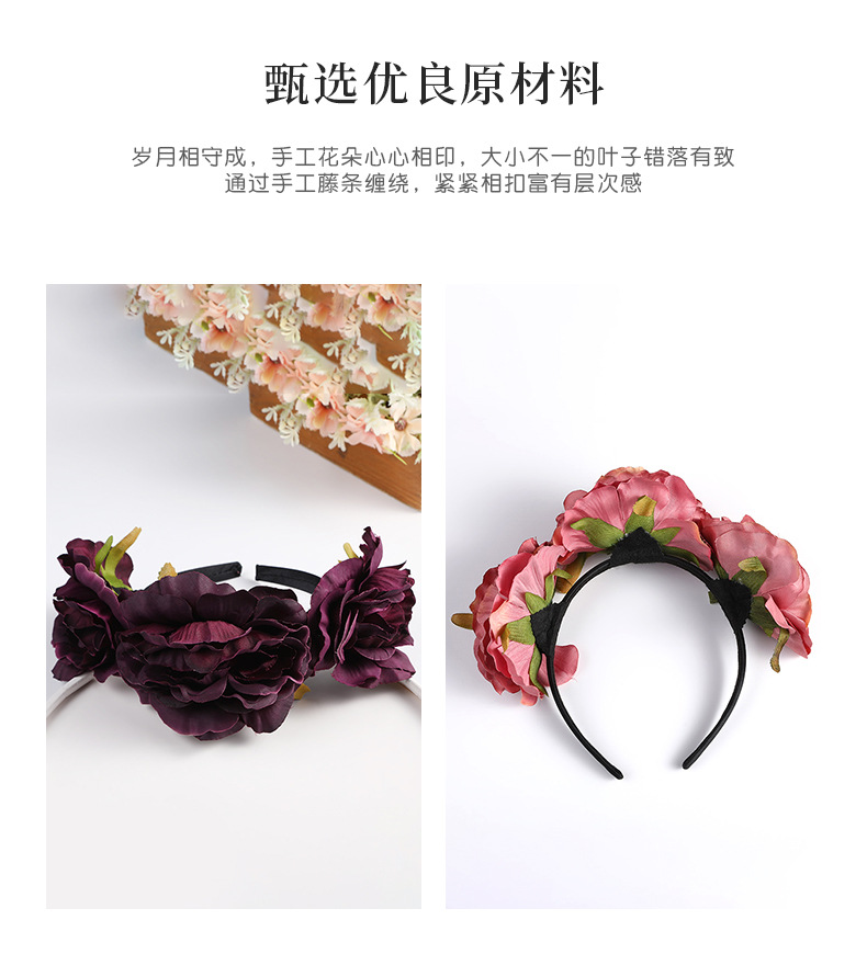 New European and American retro exaggerated garland headbands, artificial flower handcrafted hair accessories, fabric bridal headwear, in stock for wholesale pic 4