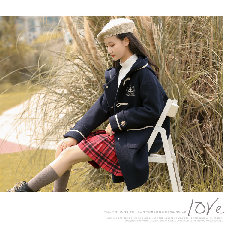 21516 College-style woolen coat 2021 Autumn/Winter new style for junior high school students, winter wear for girls with horn buttons and woolen fabric pic 16