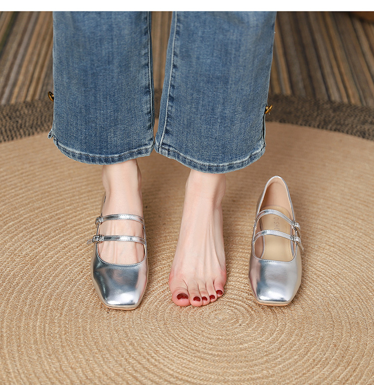 The new 2024 Spring/autumn collection of Mary Jane shoes, featuring a stylish square-toed one-shoulder style, is made of genuine leather with a shallow opening, thick mid-heel, and is a wedding shoe pic 20