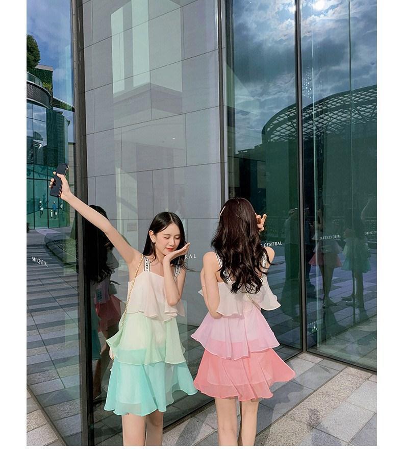 夏季新款时尚气质百搭韩版女装吊带裙粉色雪纺连衣裙无袖渐变裙子详情7