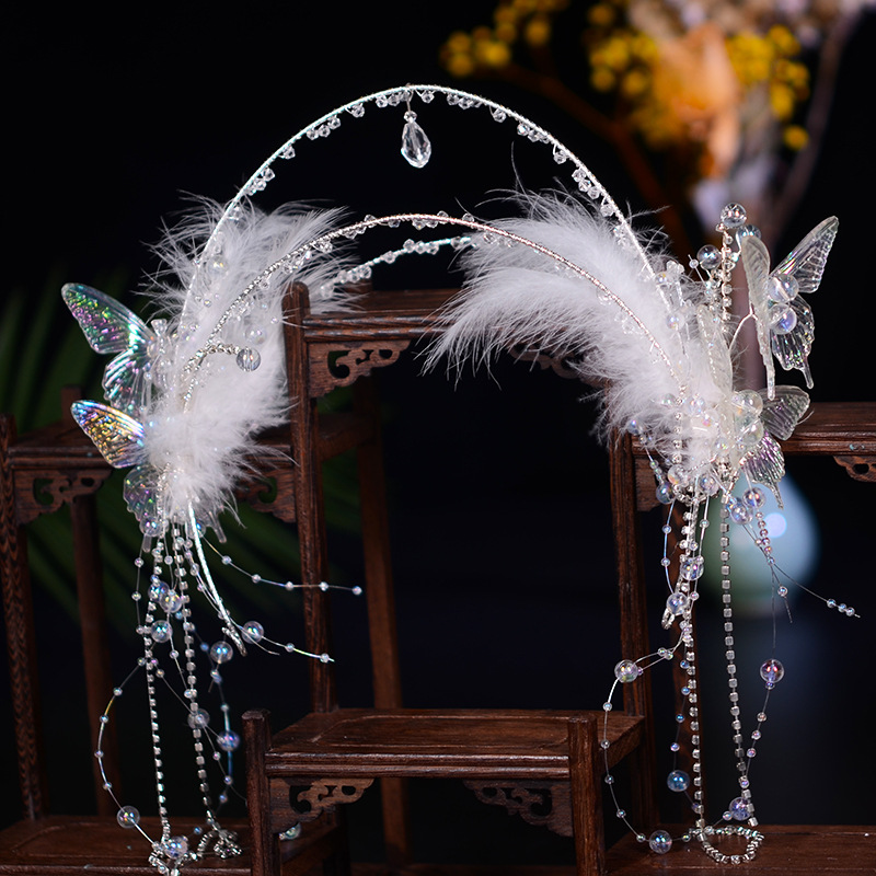 Handcrafted original Hanfu headband headwear, butterfly tassels, ancient and ethereal style for young girls, white feather headwear, lazy headband pic 6