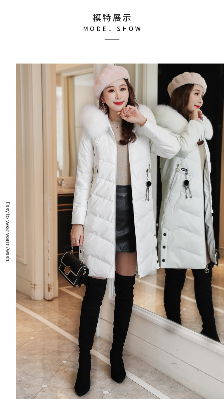 Korean winter new mid-length down cotton-padded jacket, PU leather, true fox fur collar, thickened leather coat pic 7