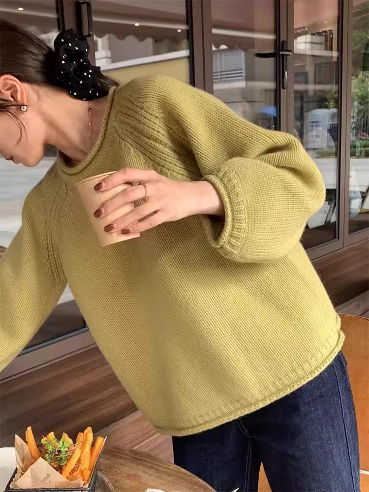 Korean-style puffed solid color pullover sweater for women, gentle and loose knitted top, versatile, laid-back style, fashionable and soft sweater pic 12