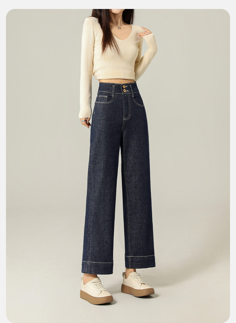 Anti-fading stretch denim natural-color jeans for women in autumn with a button-down design, high-waisted, petite straight-leg 9-inch pants pic 8