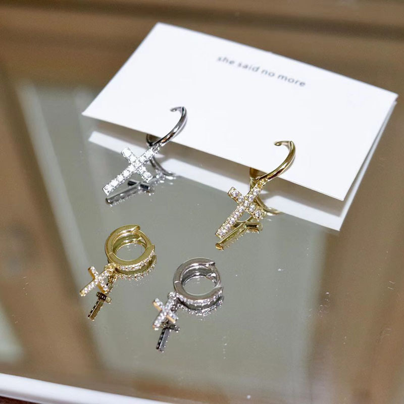 925 sterling silver earrings, personalized cross-shaped micro-inlaid zircon small ear rings, simple ear buckles, European and American accessories pic 7