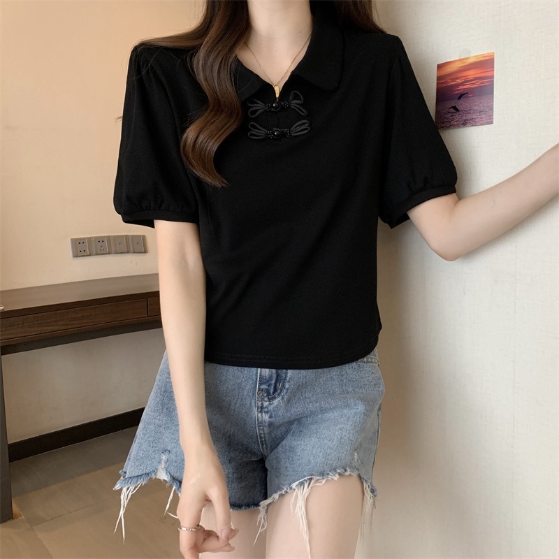 正肩Polo领短袖T恤女夏季大码胖mm显瘦新中式国风上衣泡泡袖小衫详情11