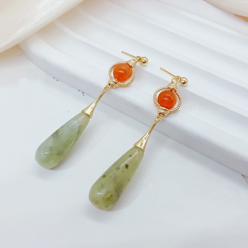 Flower falling Pine Forest Pearl Stud earrings, ancient-style gilded earrings, retro long stud earrings, jade earrings, best-selling earrings and accessories stud earrings pic 1