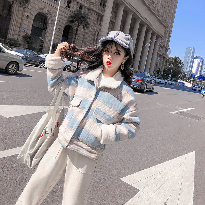 New loose checkered thickened windbreaker, short and versatile woolen coat for petite people pic 13