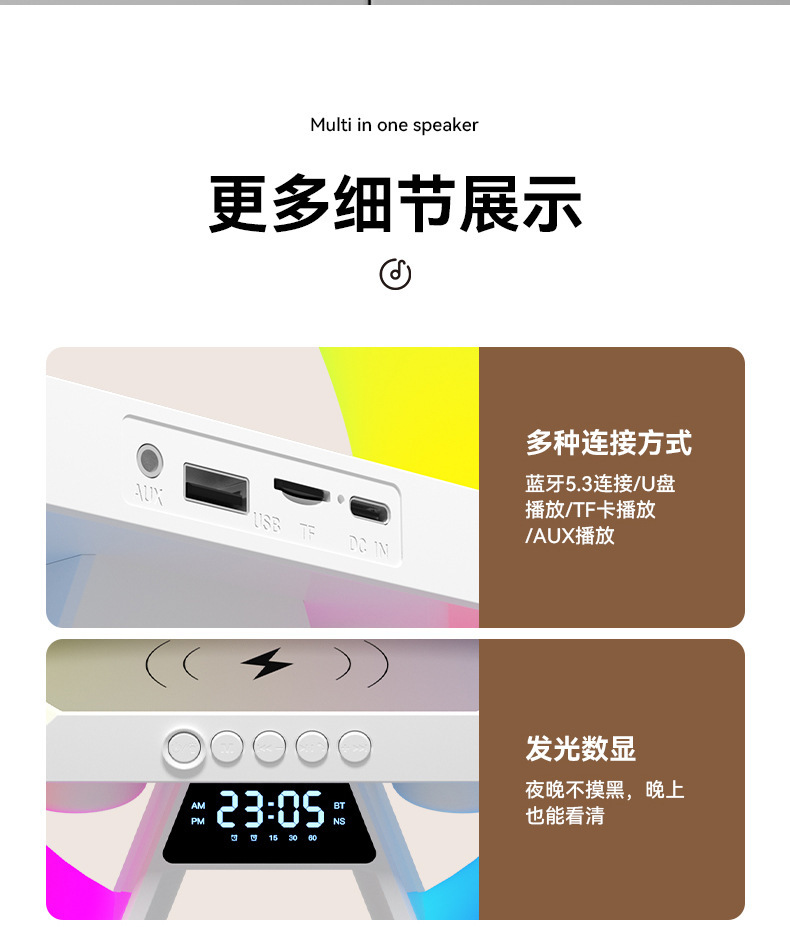 亚马逊新款大G6/x63炫彩带时钟灯床头无线充蓝牙音箱多功能蓝牙音详情12