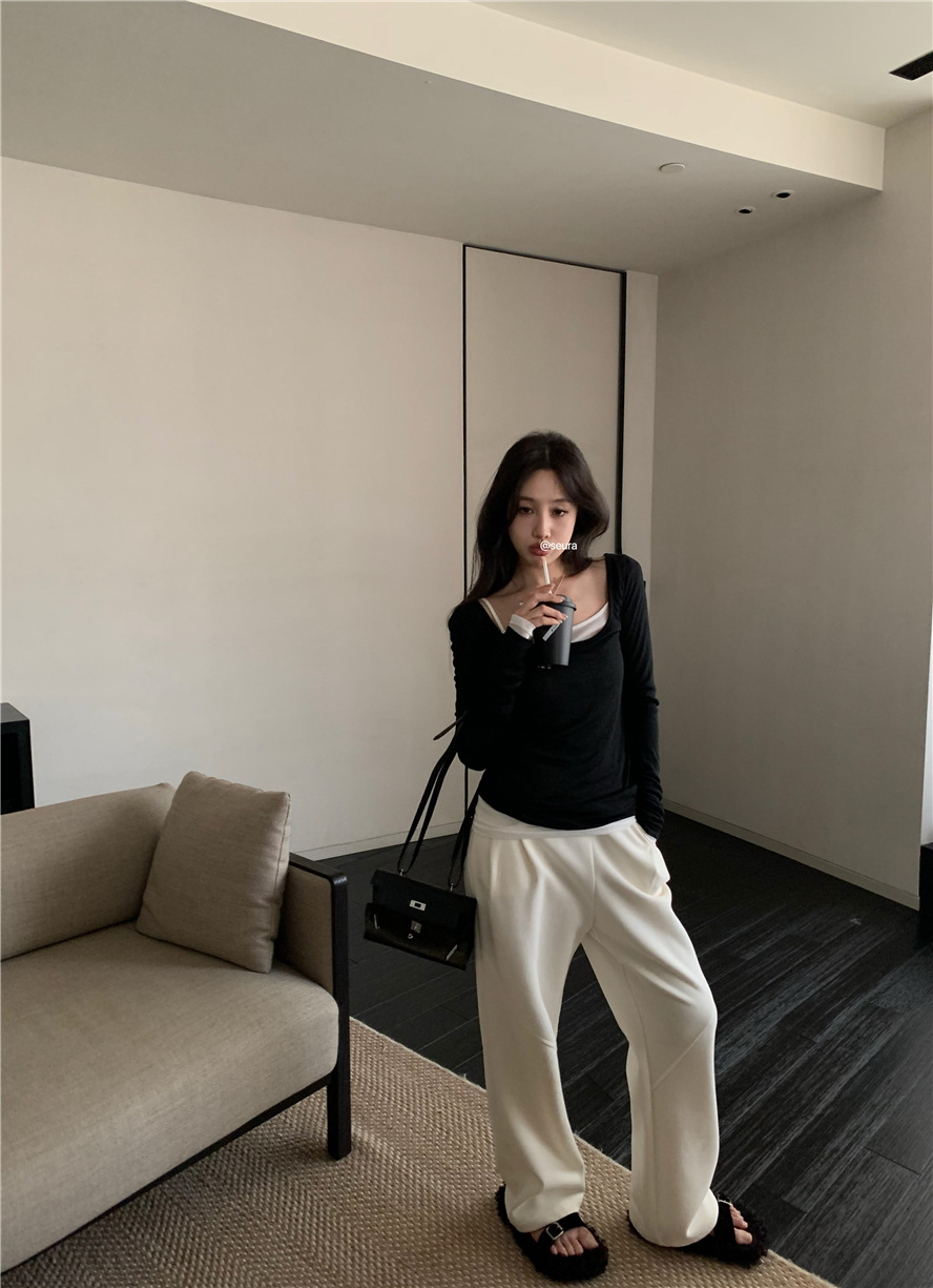 基础款纯色简约百搭舒适慵懒风薄款上衣U领打底衫内搭长袖t恤女详情31