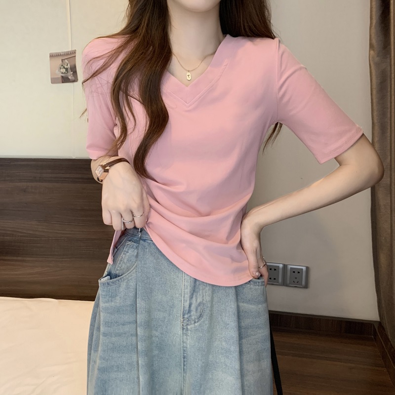 夏季2024新款v领修身短款辣妹正肩t恤女短袖设计感小众小个子上衣详情2