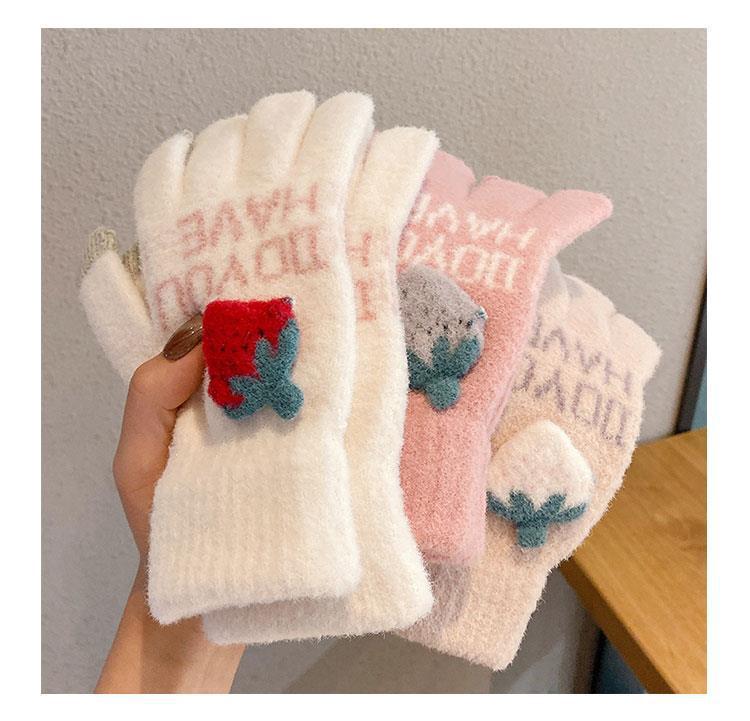Sweet strawberry couple gloves in Japanese and Korean style, ins style plush touch screen knitted warm gloves with fleece finger separation gloves pic 7