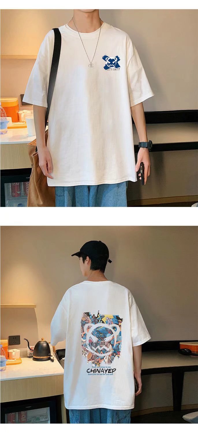 Summer Hong Kong-style devil graffiti short-sleeved T-shirt for men, ins trend loose couple half-sleeved T-shirt for casual wear, thin clothes pic 3