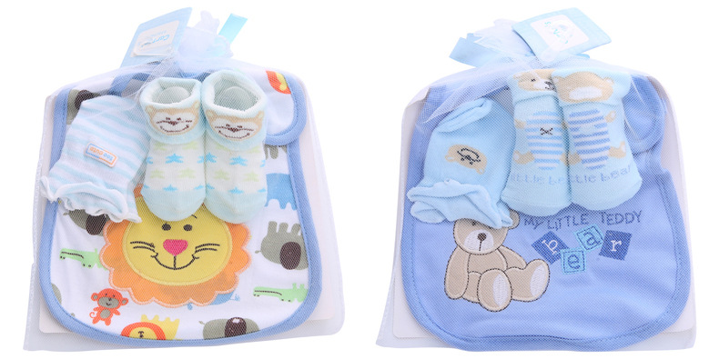 外贸货源纯棉条纹婴儿袜子 字母卡通可爱宝宝袜子手套口水巾套装详情9