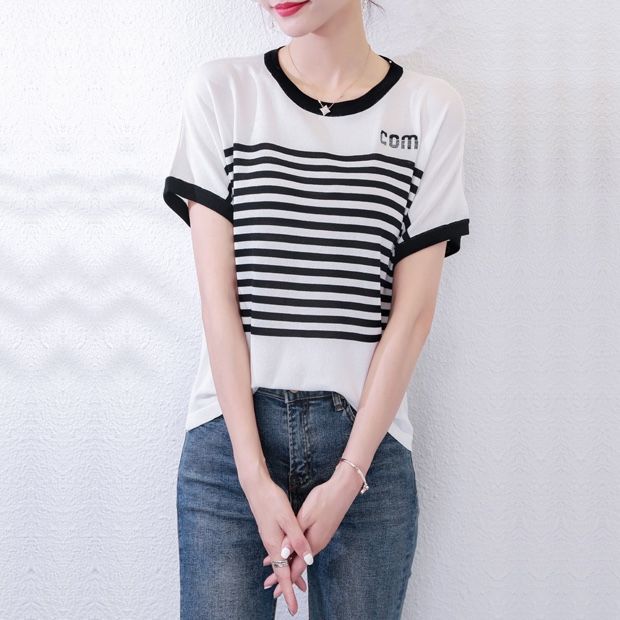 t恤高档夏季女装新款宽松韩版上衣女士针织衫短袖打底衫碎花条纹详情11