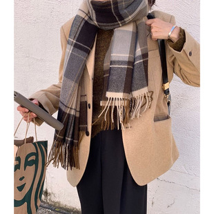 Korean style pink checkered scarf imitating cashmere winter purple scarf 2022 autumn and winter new style widened scarf shawl pic 5