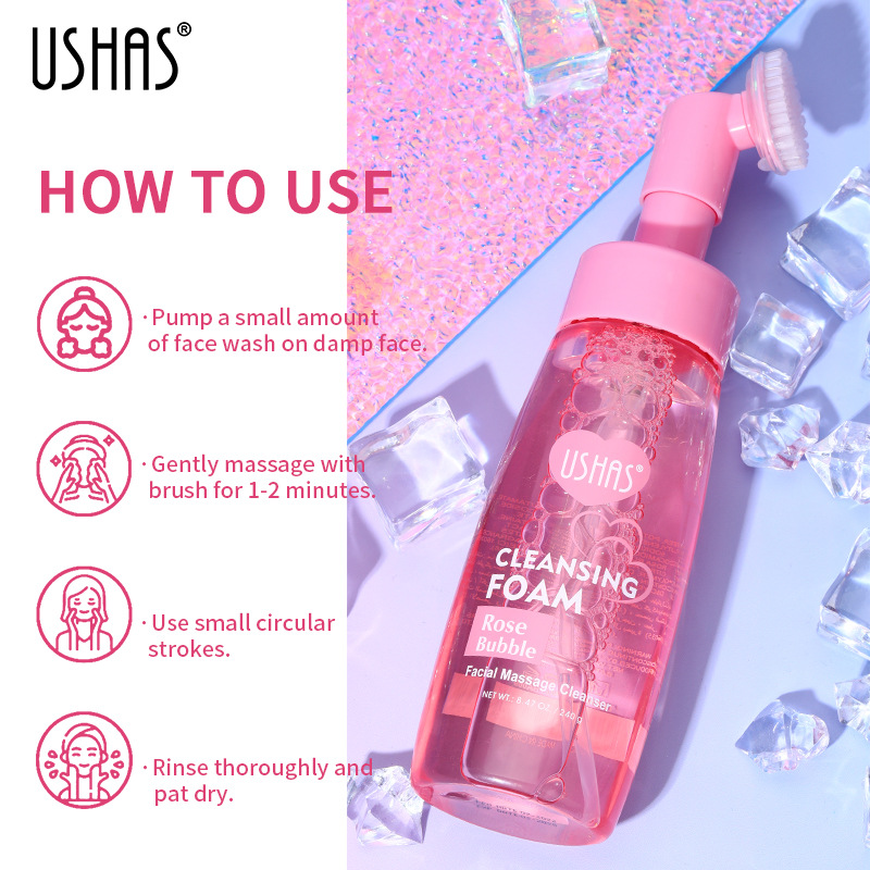 USHAS跨境现货热销玫瑰洁面泡沫慕斯洗面奶深层清洁带刷头洁面详情8