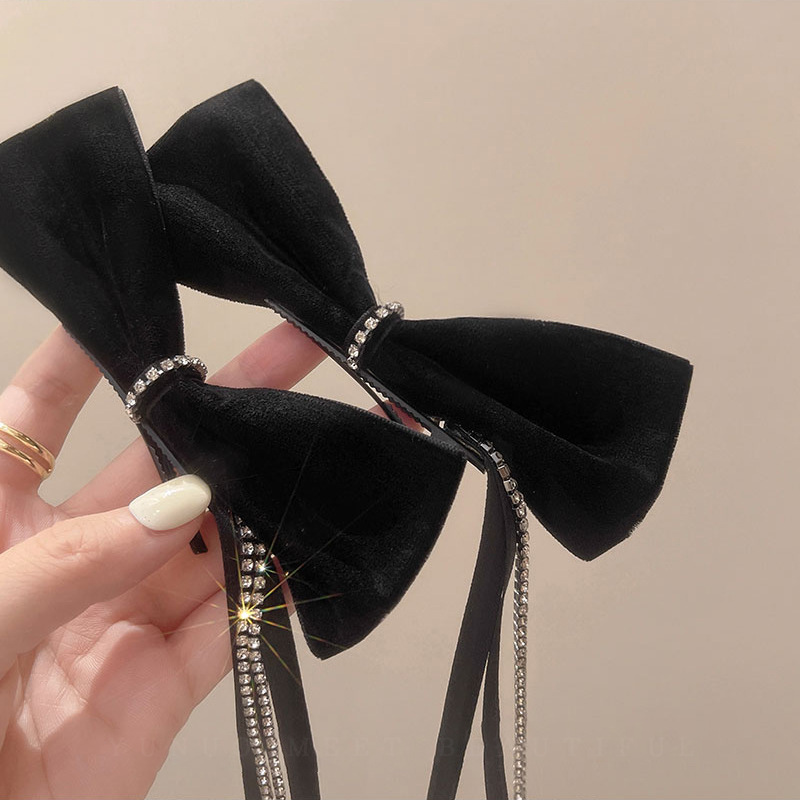 French-style bow ribbon diamond-encrusted tassel hair clip, a niche, light luxury and high-end look, side duckbill hair clip for women pic 9